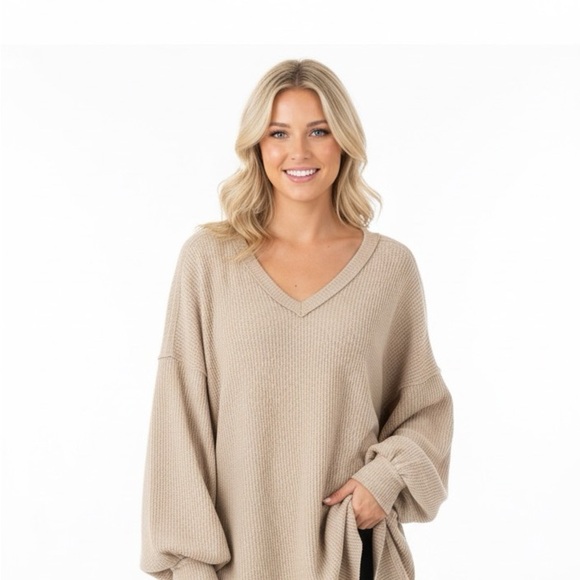 New In tan waffle knit long sleeve top size large - Picture 1 of 7